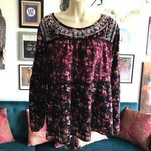 KNOX ROSE size XL Burgundy Floral Boho Floral Embroidered Peasant Top